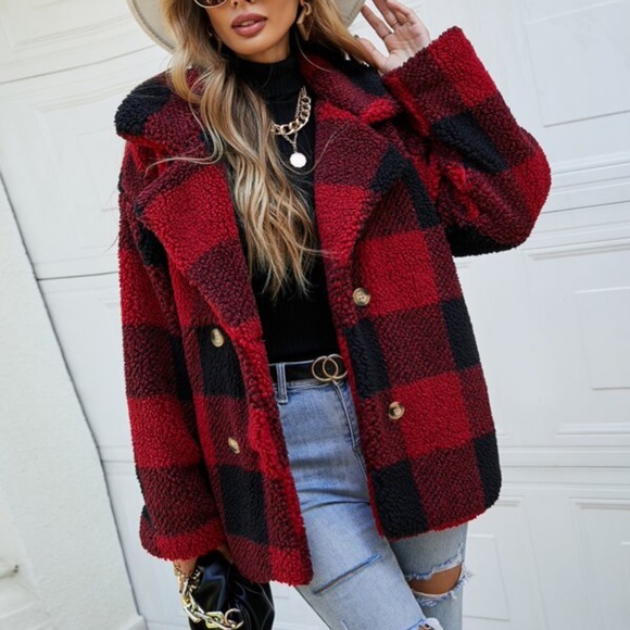 BellanBlue Jackets & Blazers - Red Black Plaid Teddy Button Minimalist Jacket Coat